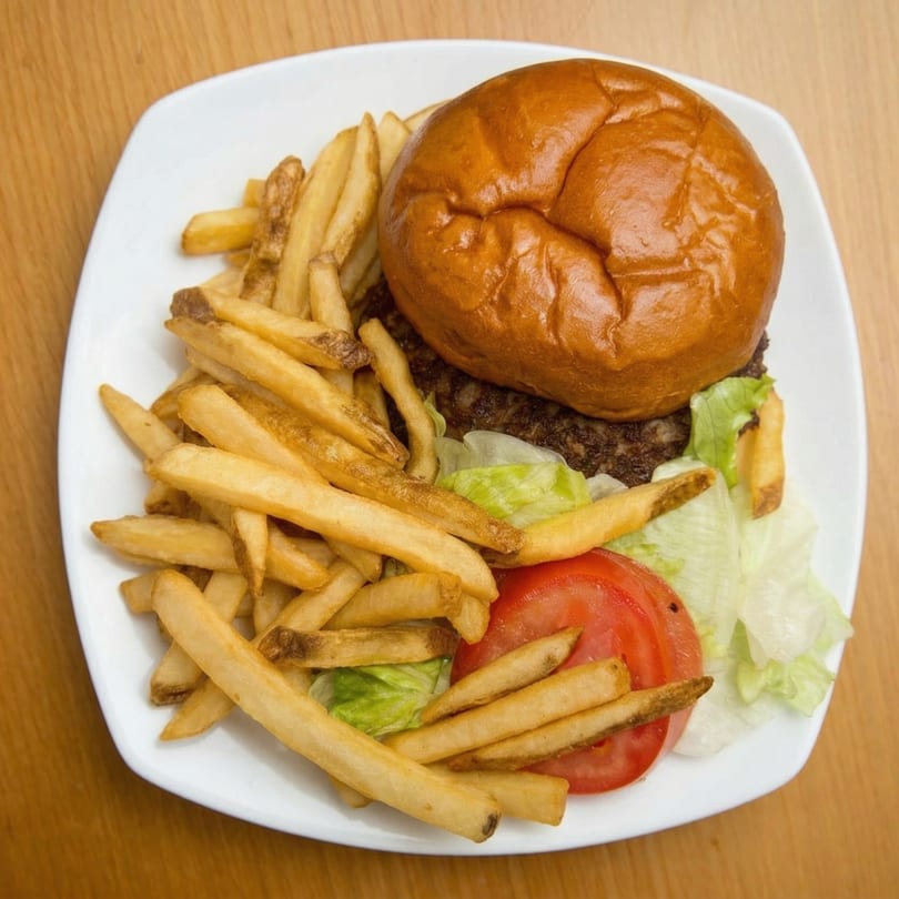 A burger with a golden bun, lettuce, and tomato, served with a pile of french fries.