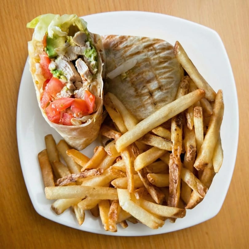 Chicken wrap with lettuce, tomatoes, and avocado, served with a side of golden french fries.