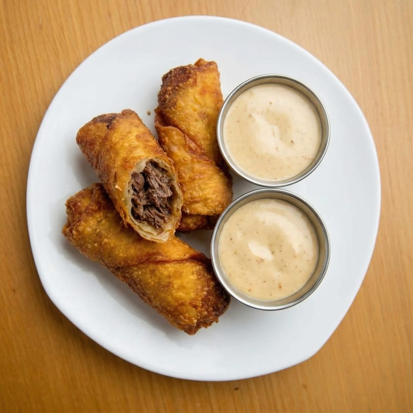 Golden-brown egg rolls, one cut open to show a savory meat filling, served with two dipping sauces.